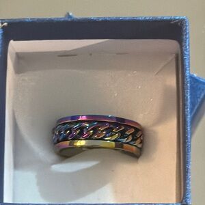 Rainbow Oil Slick Curb Chain Fidget Spinner Ring Stainless Steel